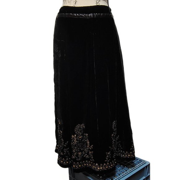 Carole Little Vintage 90s Black Velvet Beaded Midi Skirt 12 - Gypsy Boho Fall - Picture 4 of 8